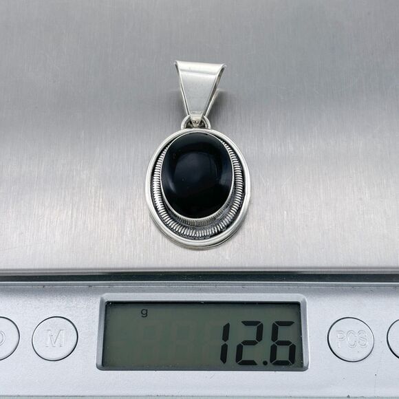Vintage Mexico Sterling Silver 925 Decorative Bezel Oval Black Onyx Pendant - Picture 5 of 5